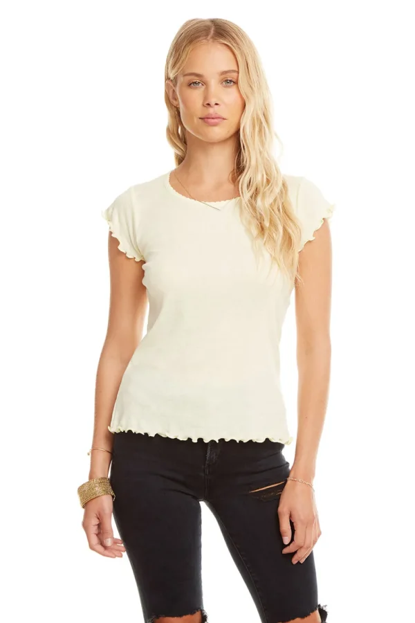 Cheap Baby Rib S/S Flouncy Crew Neck Tee Women Tops