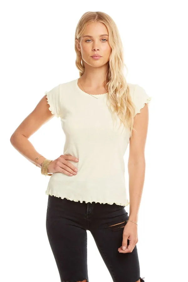 Cheap Baby Rib S/S Flouncy Crew Neck Tee Women Tops