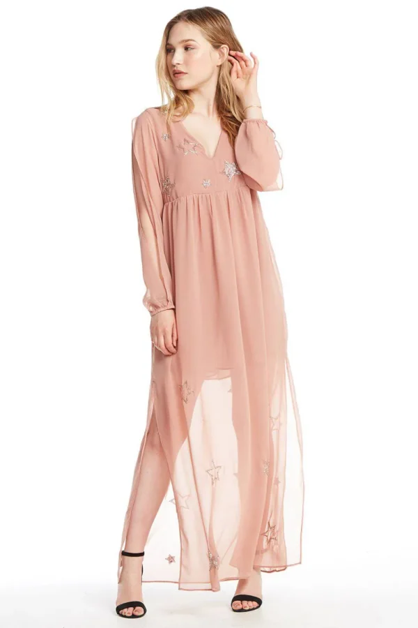 Fashion BEADED STAR L/S V NECK MAXI DRESS Women Dresses | Tops