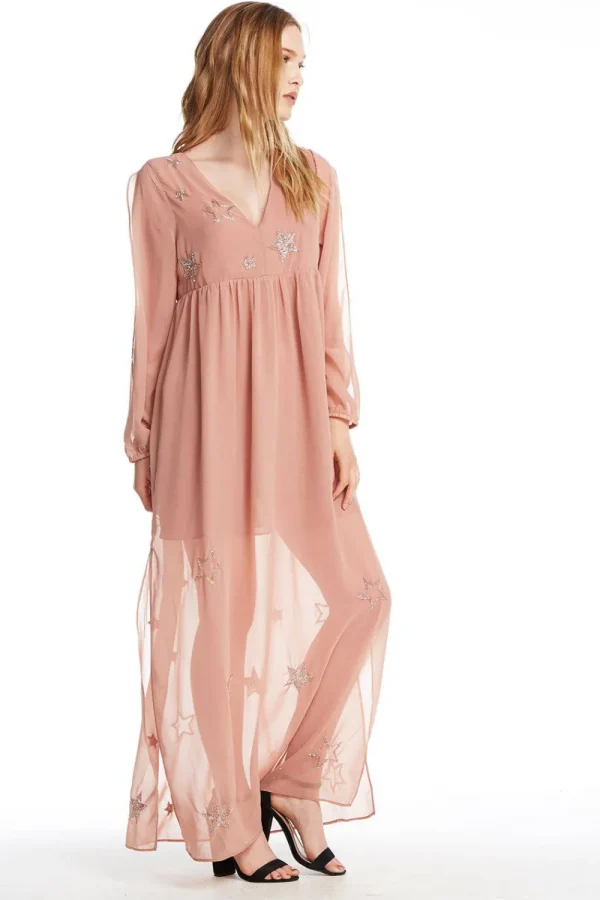 Fashion BEADED STAR L/S V NECK MAXI DRESS Women Dresses | Tops