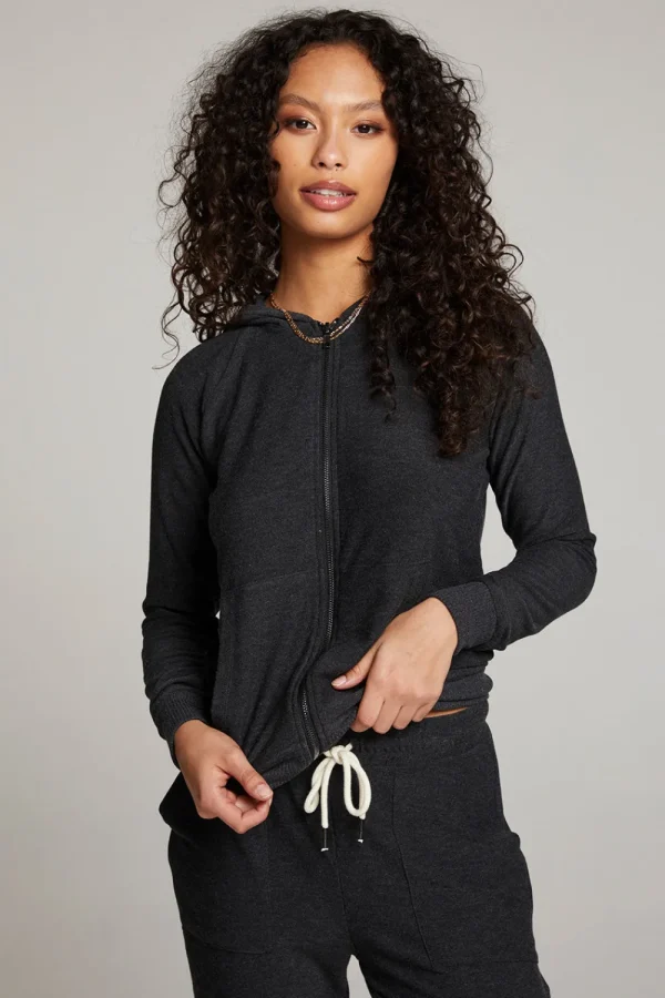 Best Sale Black Long Sleeve Raglan Zip Up Hoodie Women Outerwear | Loungewear