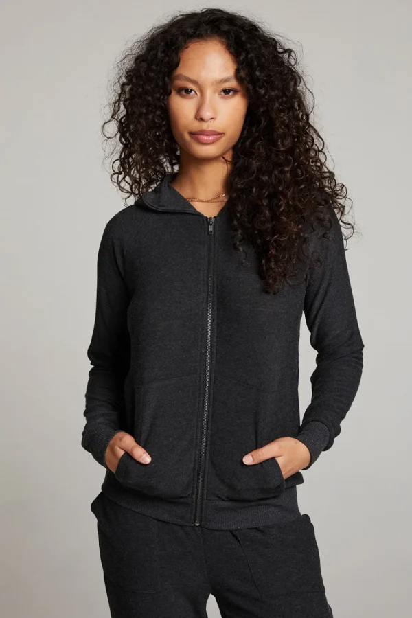 Best Sale Black Long Sleeve Raglan Zip Up Hoodie Women Outerwear | Loungewear