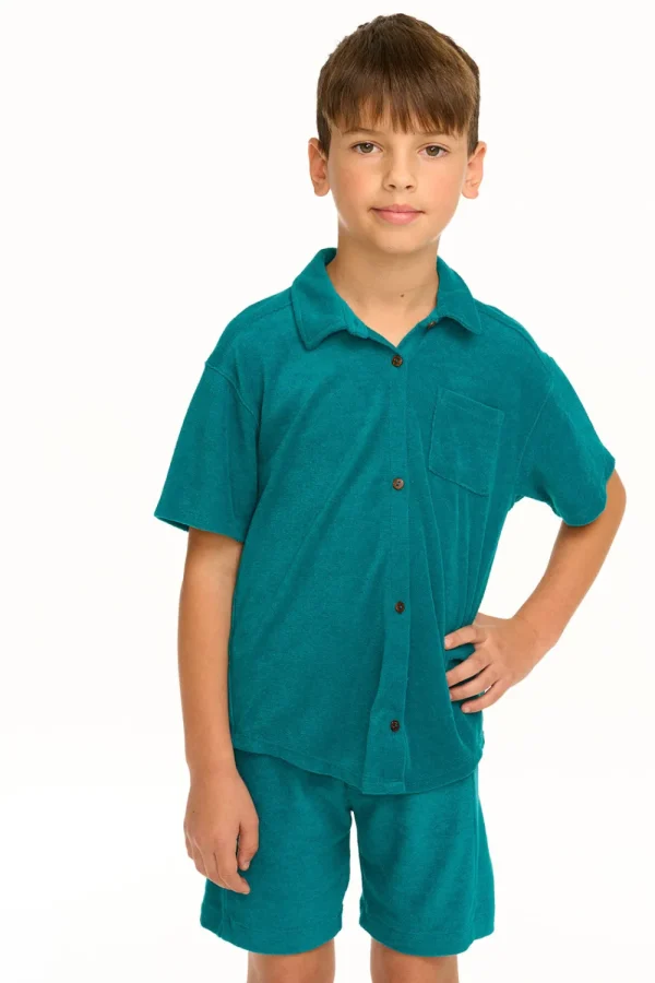 Clearance Boy's Lake Green Terry Cloth Button Down Collared Shirt Kids/BOY Boys
