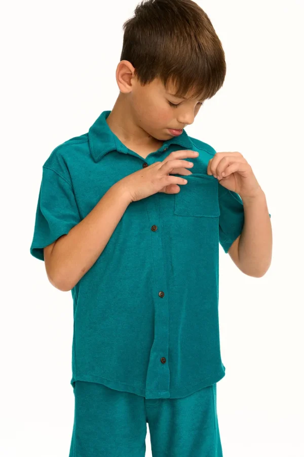 Clearance Boy's Lake Green Terry Cloth Button Down Collared Shirt Kids/BOY Boys