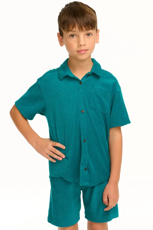 Clearance Boy's Lake Green Terry Cloth Button Down Collared Shirt Kids/BOY Boys