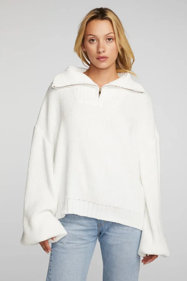Fashion Chenille Cotton Sweater Knit Half Zip Pullover Women Outerwear | Loungewear