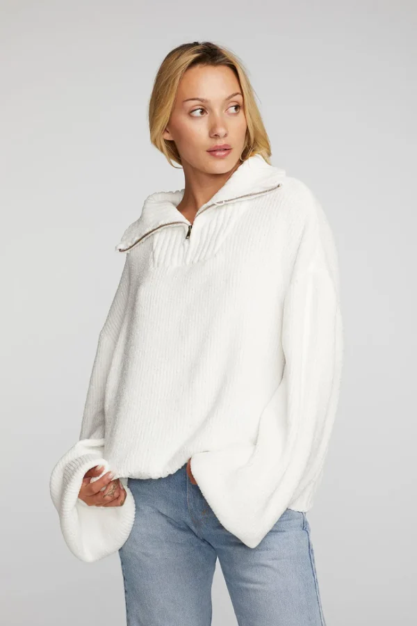 Fashion Chenille Cotton Sweater Knit Half Zip Pullover Women Outerwear | Loungewear