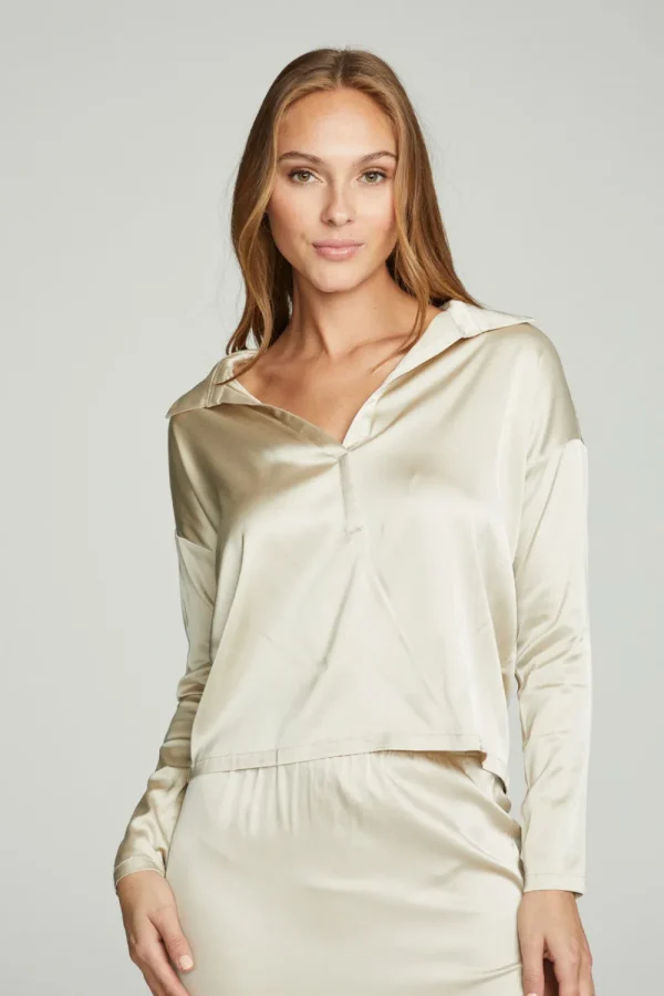 Sale Collared Half Placket Dolman Women Tops