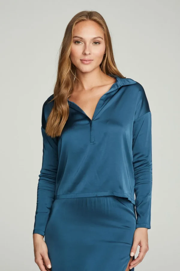 Online Collared Half Placket Dolman Women Tops