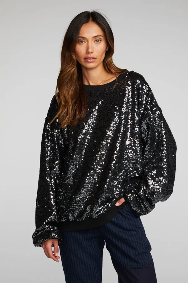 Best Sale Cotton Fleece Allover Sequin Crewneck Pullover Women Tops