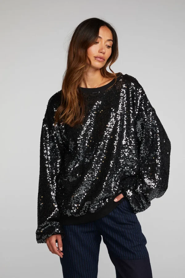 Best Sale Cotton Fleece Allover Sequin Crewneck Pullover Women Tops