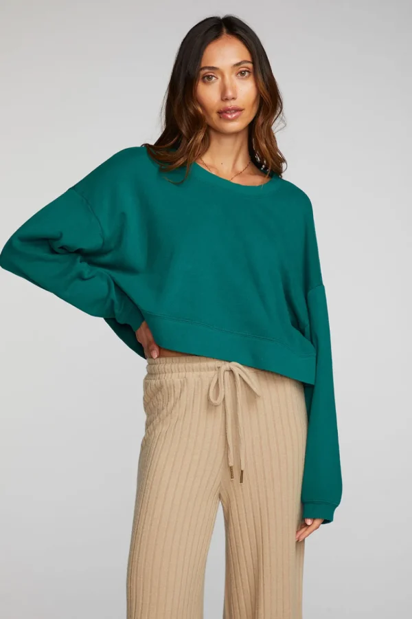 Cheap Cotton Fleece Cropped Crewneck Pullover With Rib Women Tops