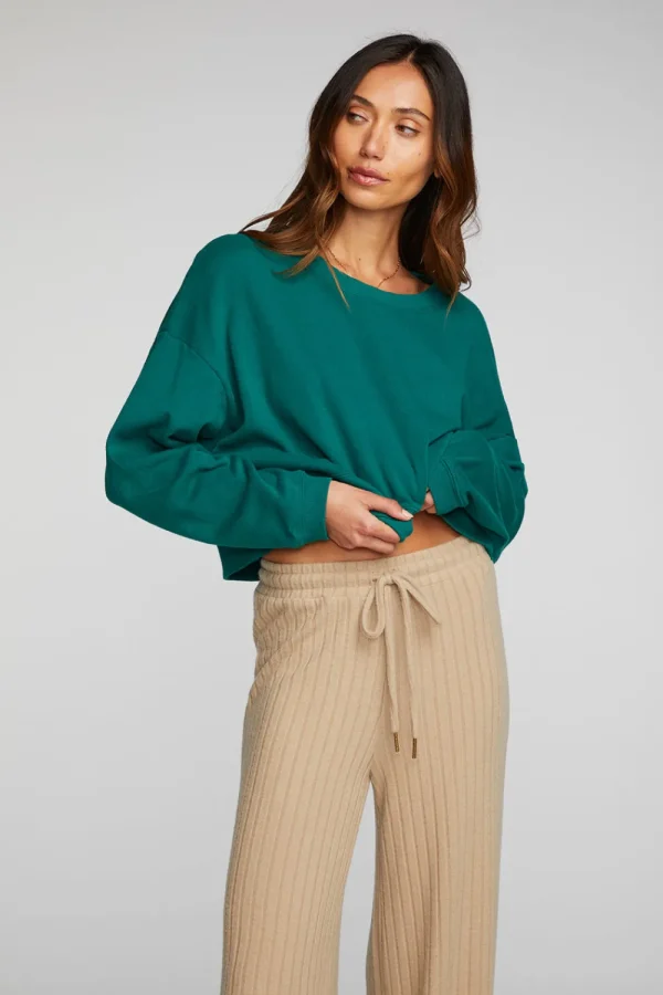 Cheap Cotton Fleece Cropped Crewneck Pullover With Rib Women Tops