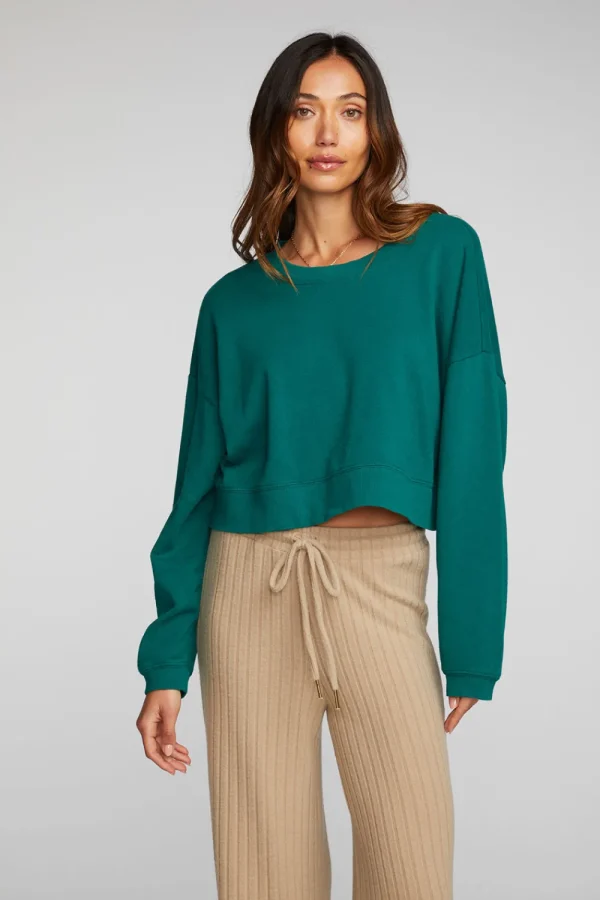 Cheap Cotton Fleece Cropped Crewneck Pullover With Rib Women Tops