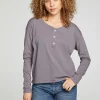 Cheap Cropped Boxy Long Sleeve Henley With Side Slits Women Tops