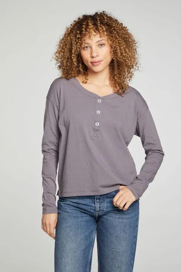 Cheap Cropped Boxy Long Sleeve Henley With Side Slits Women Tops