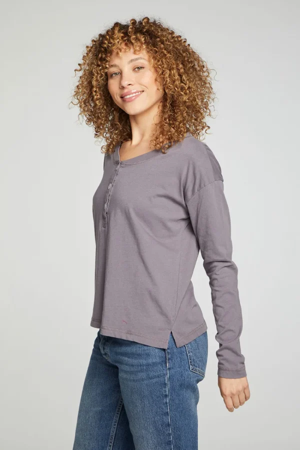 Cheap Cropped Boxy Long Sleeve Henley With Side Slits Women Tops