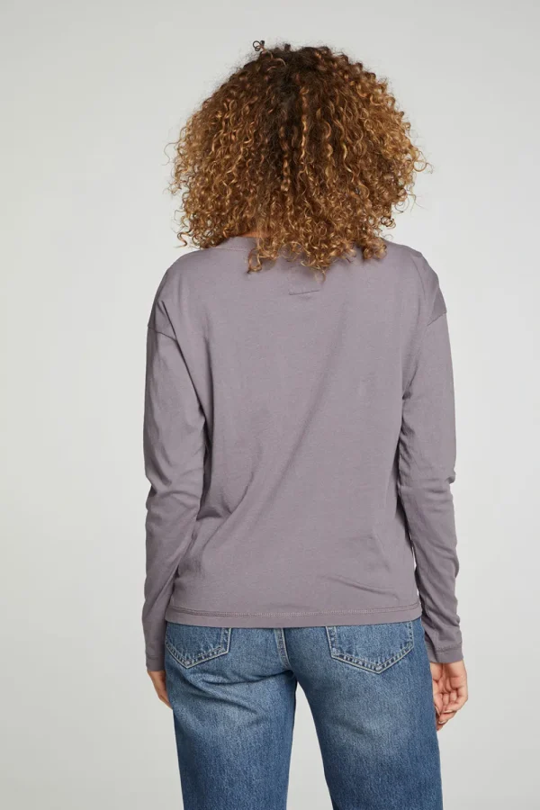 Cheap Cropped Boxy Long Sleeve Henley With Side Slits Women Tops
