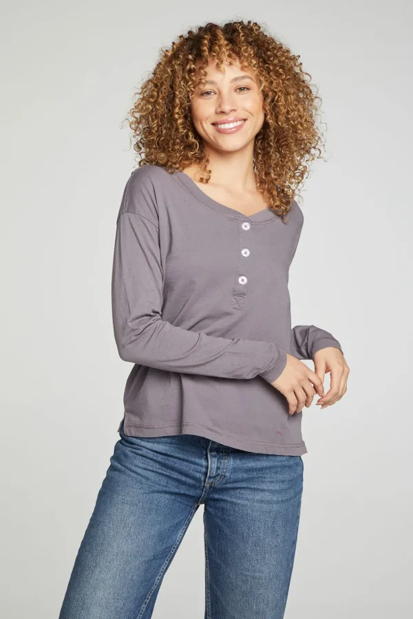 Cheap Cropped Boxy Long Sleeve Henley With Side Slits Women Tops