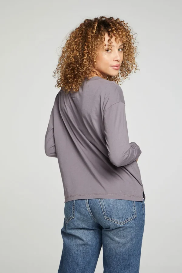 Cheap Cropped Boxy Long Sleeve Henley With Side Slits Women Tops