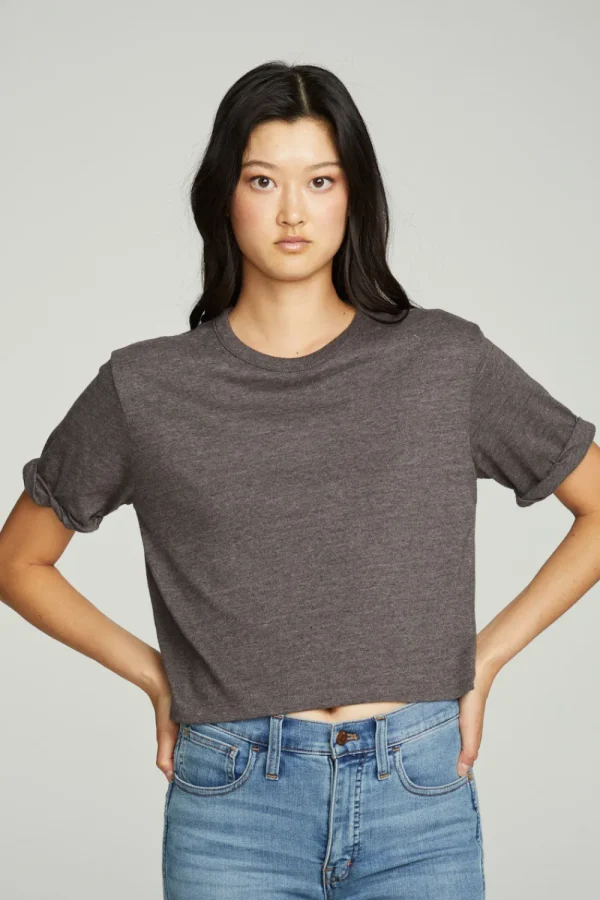 Fashion Cropped Crew Neck Short Sleeve Tee Women Tops