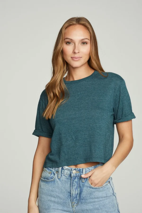 Clearance Cropped Crew Neck Short Sleeve Tee Women Tops