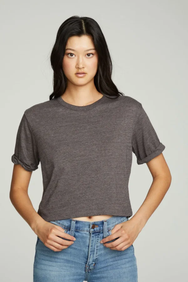Fashion Cropped Crew Neck Short Sleeve Tee Women Tops