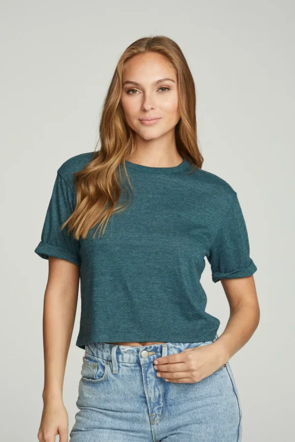 Clearance Cropped Crew Neck Short Sleeve Tee Women Tops