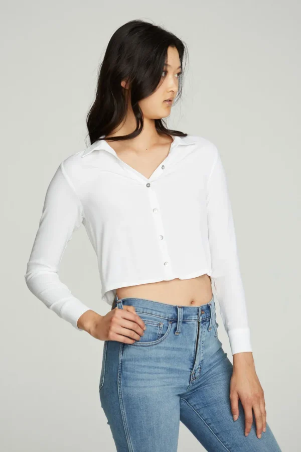 Cheap Cropped Long Sleeve Button Down Shirt Women Tops