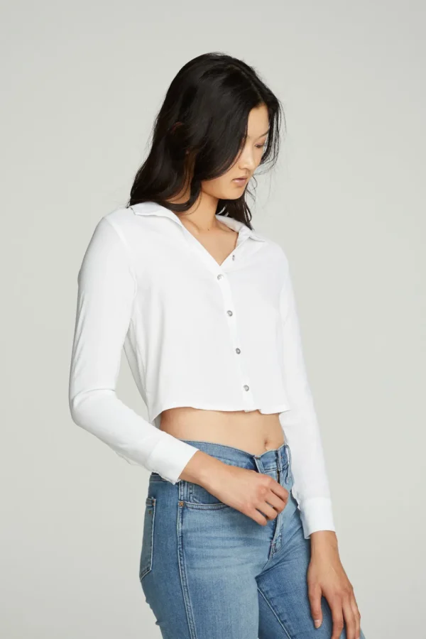 Cheap Cropped Long Sleeve Button Down Shirt Women Tops