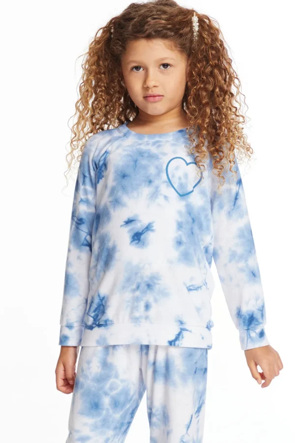 Fashion Denim Tie Dye Heart Girls Cozy Knit Raglan Pullover Kids Girls