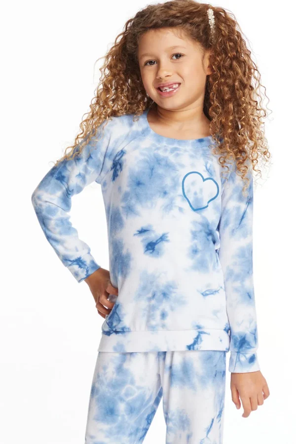 Fashion Denim Tie Dye Heart Girls Cozy Knit Raglan Pullover Kids Girls