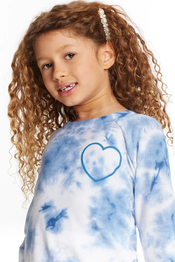Fashion Denim Tie Dye Heart Girls Cozy Knit Raglan Pullover Kids Girls