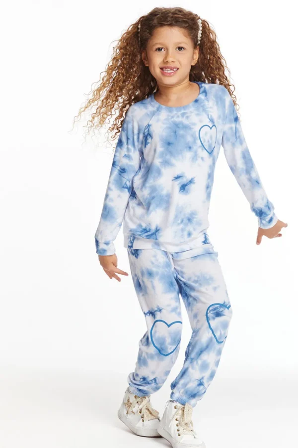 Fashion Denim Tie Dye Heart Girls Cozy Knit Raglan Pullover Kids Girls