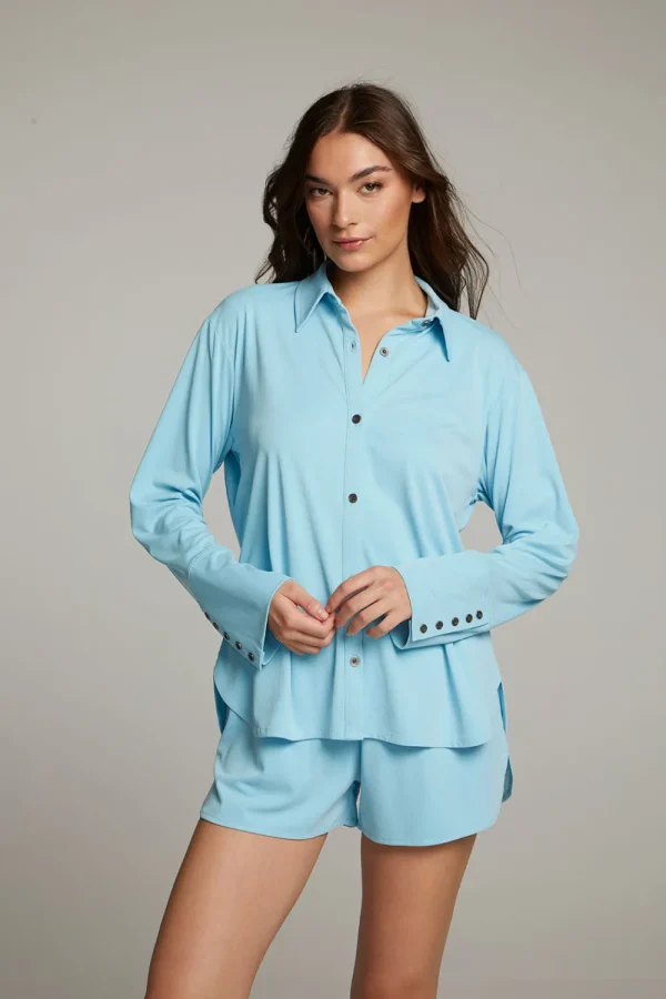 Sale Ethan Clear Sky Button Up Women Loungewear | Tops