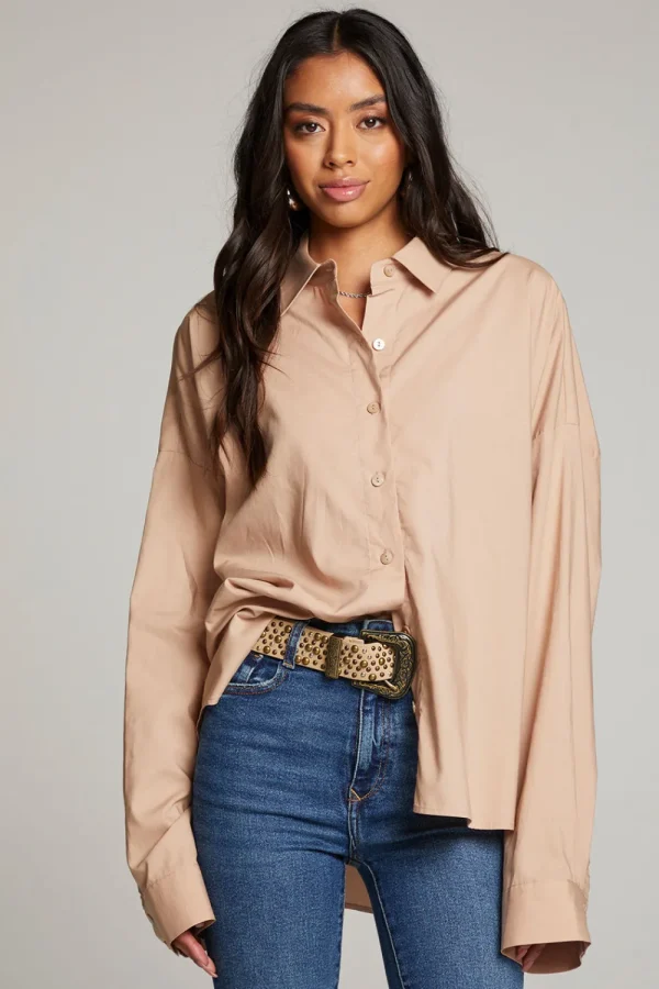 Clearance Ezra Warm Taupe Button Up Women Loungewear | Tops