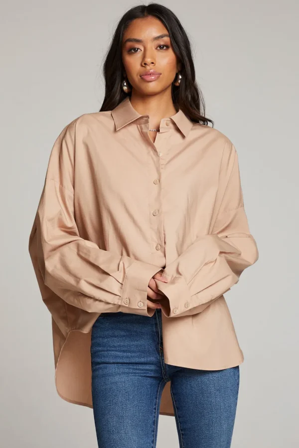 Clearance Ezra Warm Taupe Button Up Women Loungewear | Tops