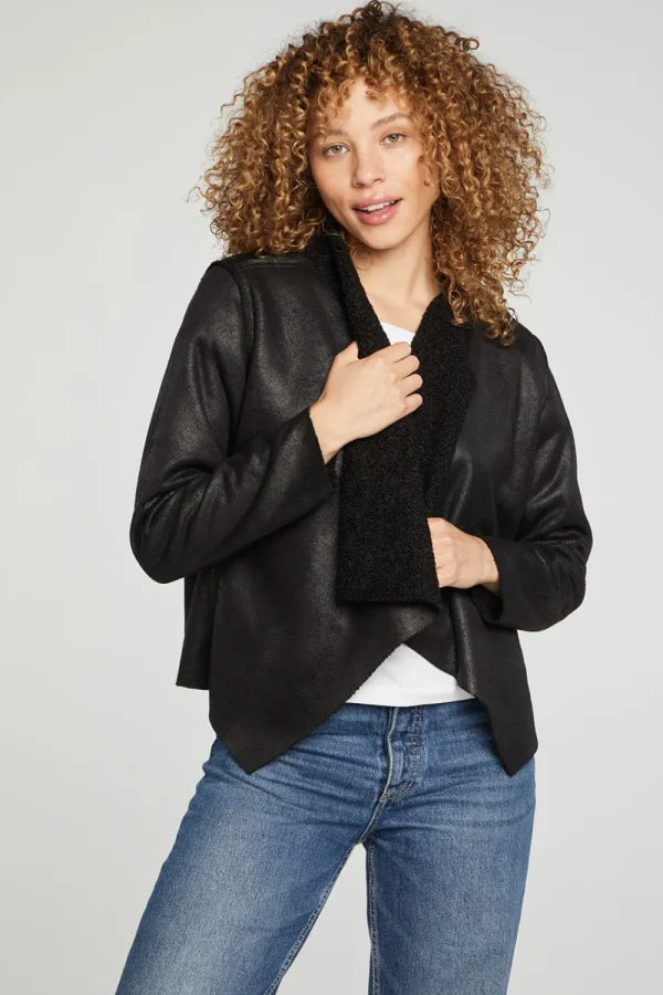 New Faux Suede Shearling Reversible Long Sleeve Waterfall Neck Jacket Women Outerwear | Tops