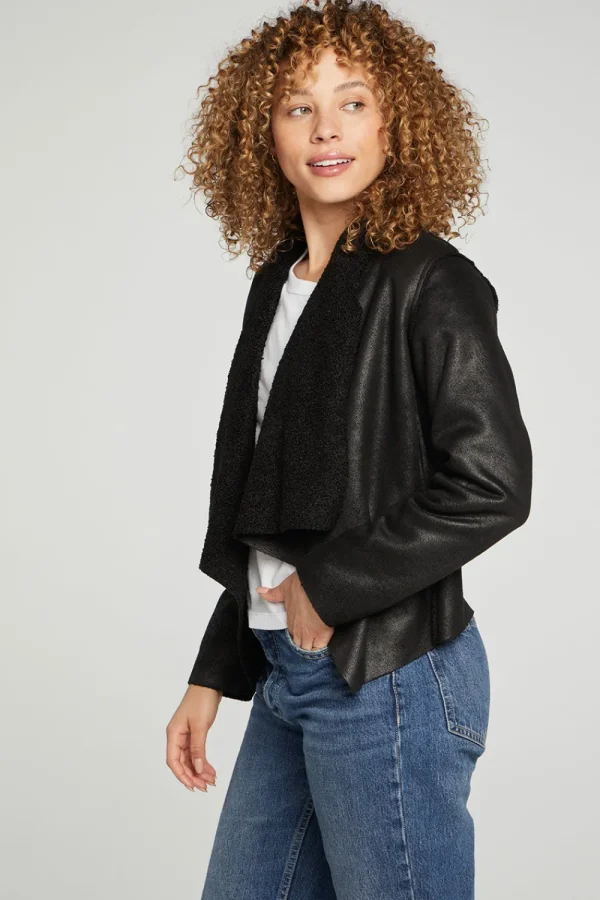 New Faux Suede Shearling Reversible Long Sleeve Waterfall Neck Jacket Women Outerwear | Tops