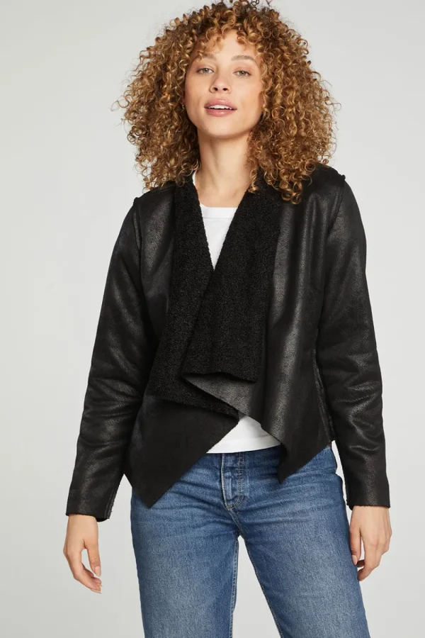 New Faux Suede Shearling Reversible Long Sleeve Waterfall Neck Jacket Women Outerwear | Tops