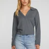 Shop Gauze Jersey Cropped Polo With Distressed Detail Long Sleeve Women Loungewear | Tops