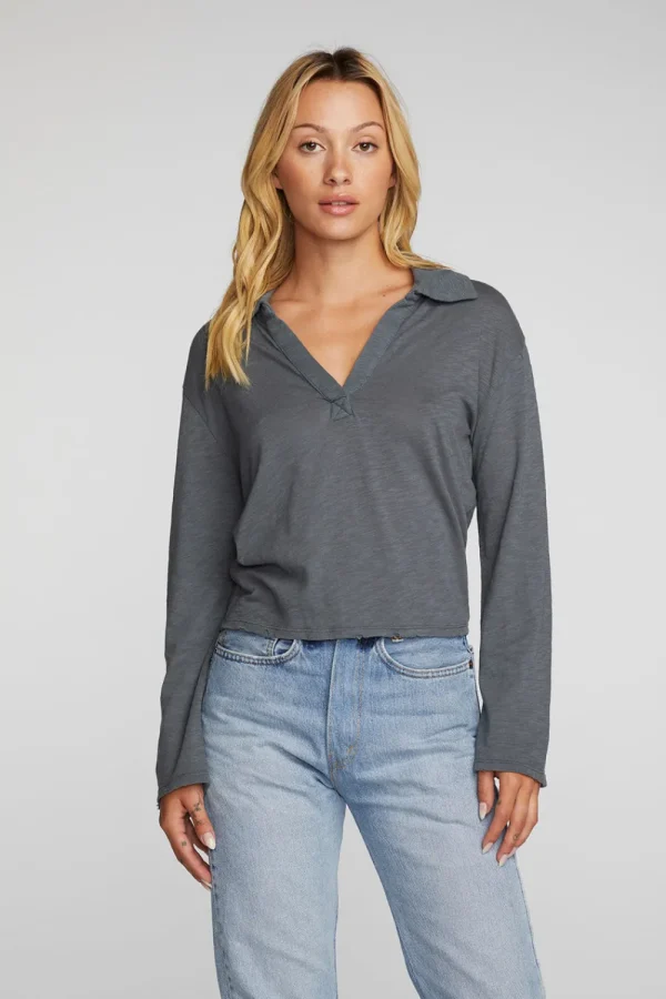 Shop Gauze Jersey Cropped Polo With Distressed Detail Long Sleeve Women Loungewear | Tops