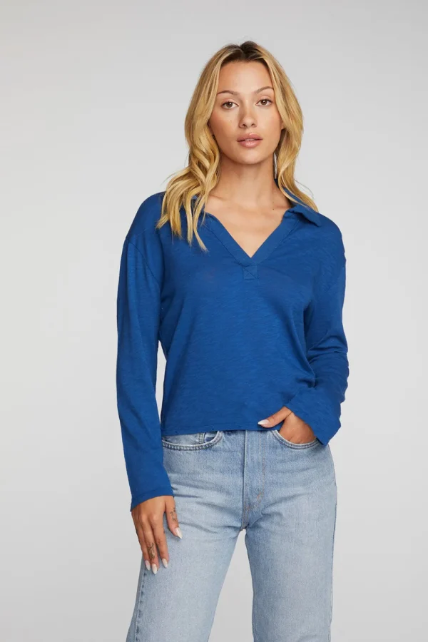 Cheap Gauze Jersey Cropped Polo With Distressed Detail Long Sleeve Women Loungewear | Tops