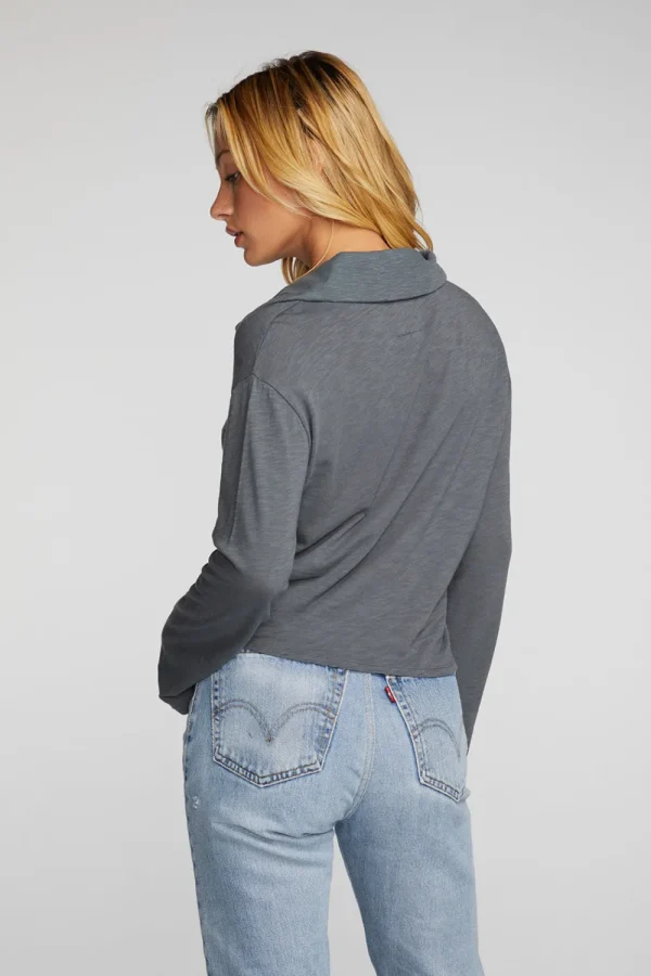 Shop Gauze Jersey Cropped Polo With Distressed Detail Long Sleeve Women Loungewear | Tops