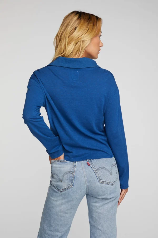 Cheap Gauze Jersey Cropped Polo With Distressed Detail Long Sleeve Women Loungewear | Tops