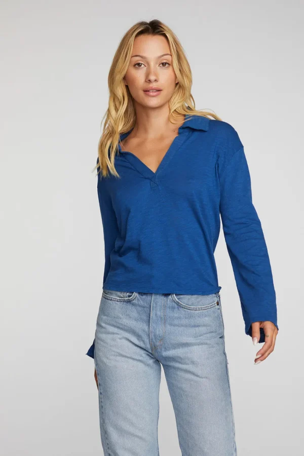 Cheap Gauze Jersey Cropped Polo With Distressed Detail Long Sleeve Women Loungewear | Tops