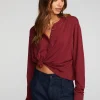 Cheap Gauze Jersey Long Sleeve Henley With Deconstructed Bottom Hem Women Loungewear | Tops