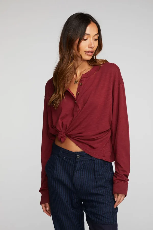 Cheap Gauze Jersey Long Sleeve Henley With Deconstructed Bottom Hem Women Loungewear | Tops