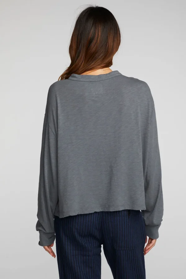 Discount Gauze Jersey Long Sleeve Henley With Deconstructed Bottom Hem Women Loungewear | Tops