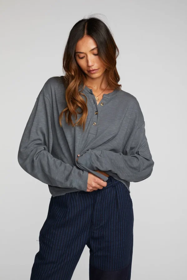 Discount Gauze Jersey Long Sleeve Henley With Deconstructed Bottom Hem Women Loungewear | Tops